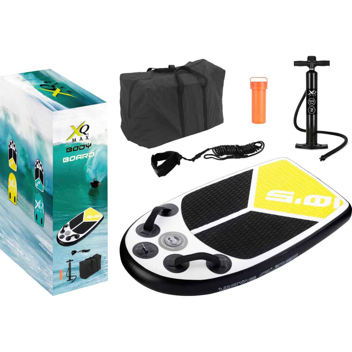 XQMax Bodyboard - Yellow Edition - 105x60x10 cm - Inclusief Pomp en Reparatieset - Opblaasbaar - Bodyboard Kids - Bodyboard Volwassenen - Geel | Wit
