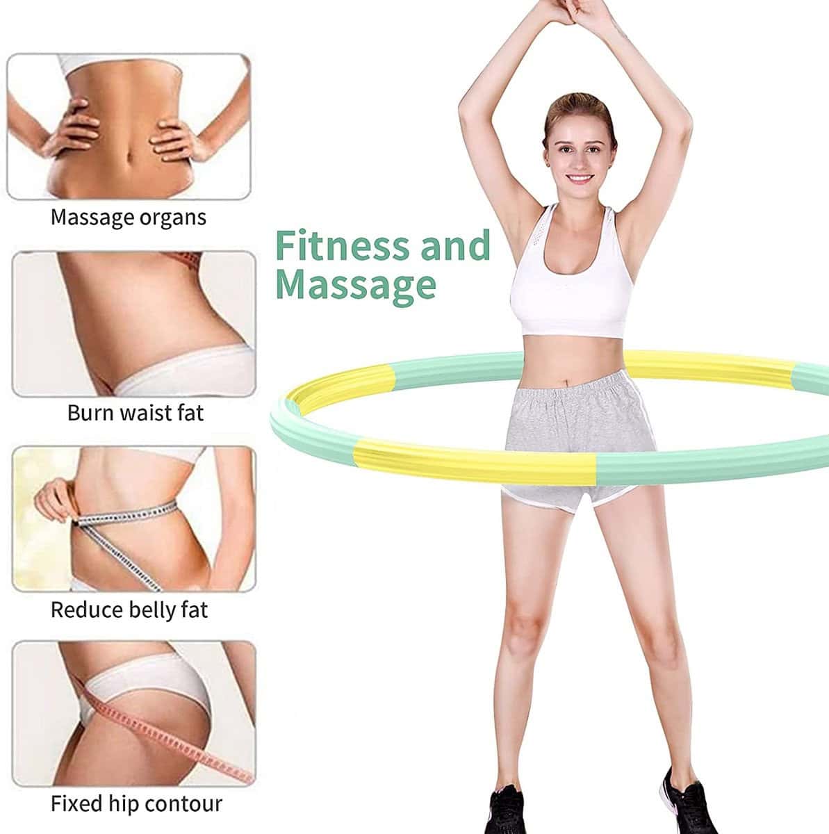 Hoelahoep - Fitness - hoelahoep met gewicht - verstelbaar 1.2kg tot 3.2kg - hula hoop fitness - geel/mint - Cadeau - Geel | MintGeel, Groen