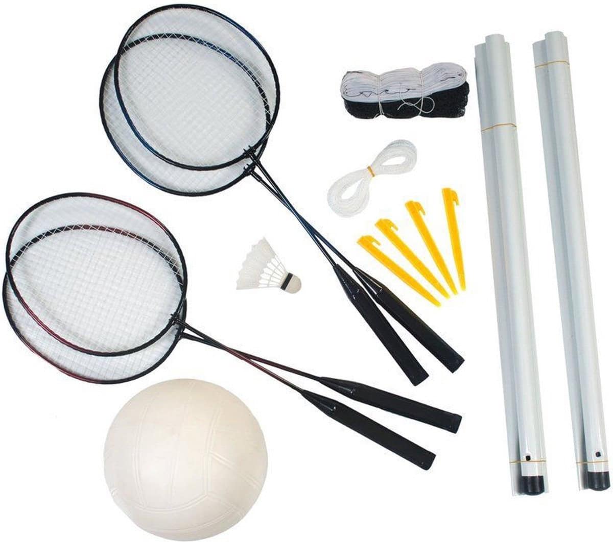 XQMax Volleybal- en Badmintonset - met Verstelbaar Net, 4 Rackets, 2 Shuttles, Bal en Ballenpomp - Draagtas - 600 x 168 cm - wit - zwart - blauw