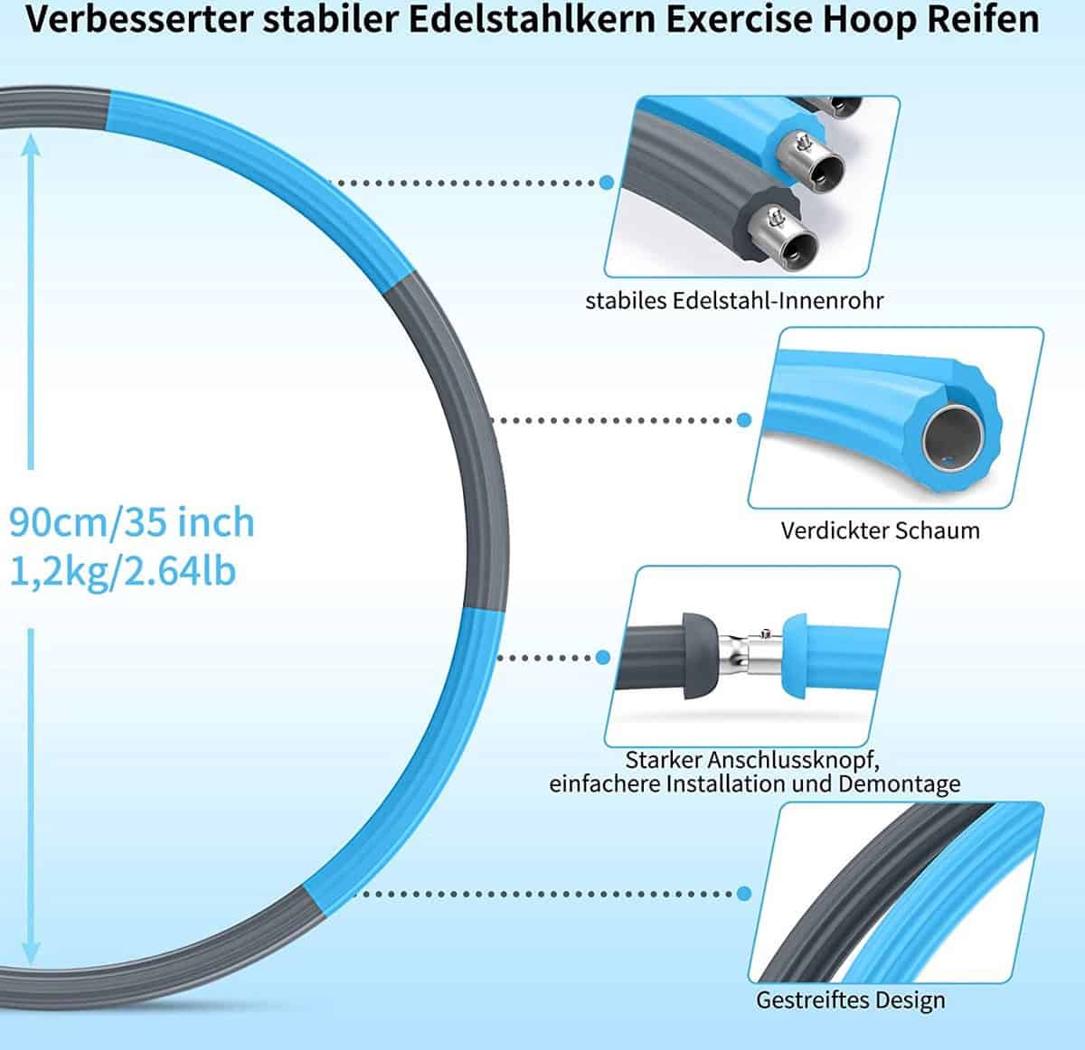 Hoelahoep - Fitness - hoelahoep met gewicht - verstelbaar 1.2kg tot 3.2kg - hula hoop fitness - grijs/blauw - Cadeau - Blauw-GrijsGrijs | Blauw