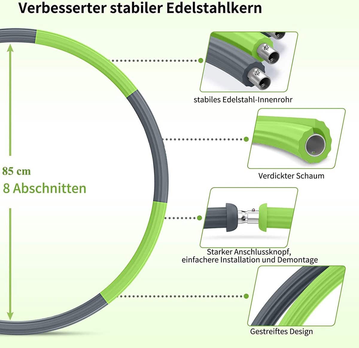Hoelahoep - Fitness - hoelahoep met gewicht - verstelbaar 1.2kg tot 2kg - hula hoop fitness - groen/grijs - cadeau - Grijs, GroenGroen | Grijs