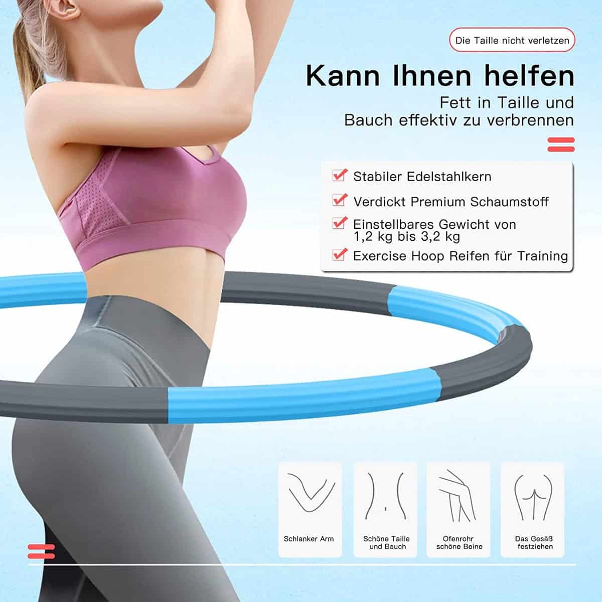 Hoelahoep - Fitness - hoelahoep met gewicht - verstelbaar 1.2kg tot 3.2kg - hula hoop fitness - grijs/blauw - Cadeau - Blauw-GrijsGrijs | Blauw