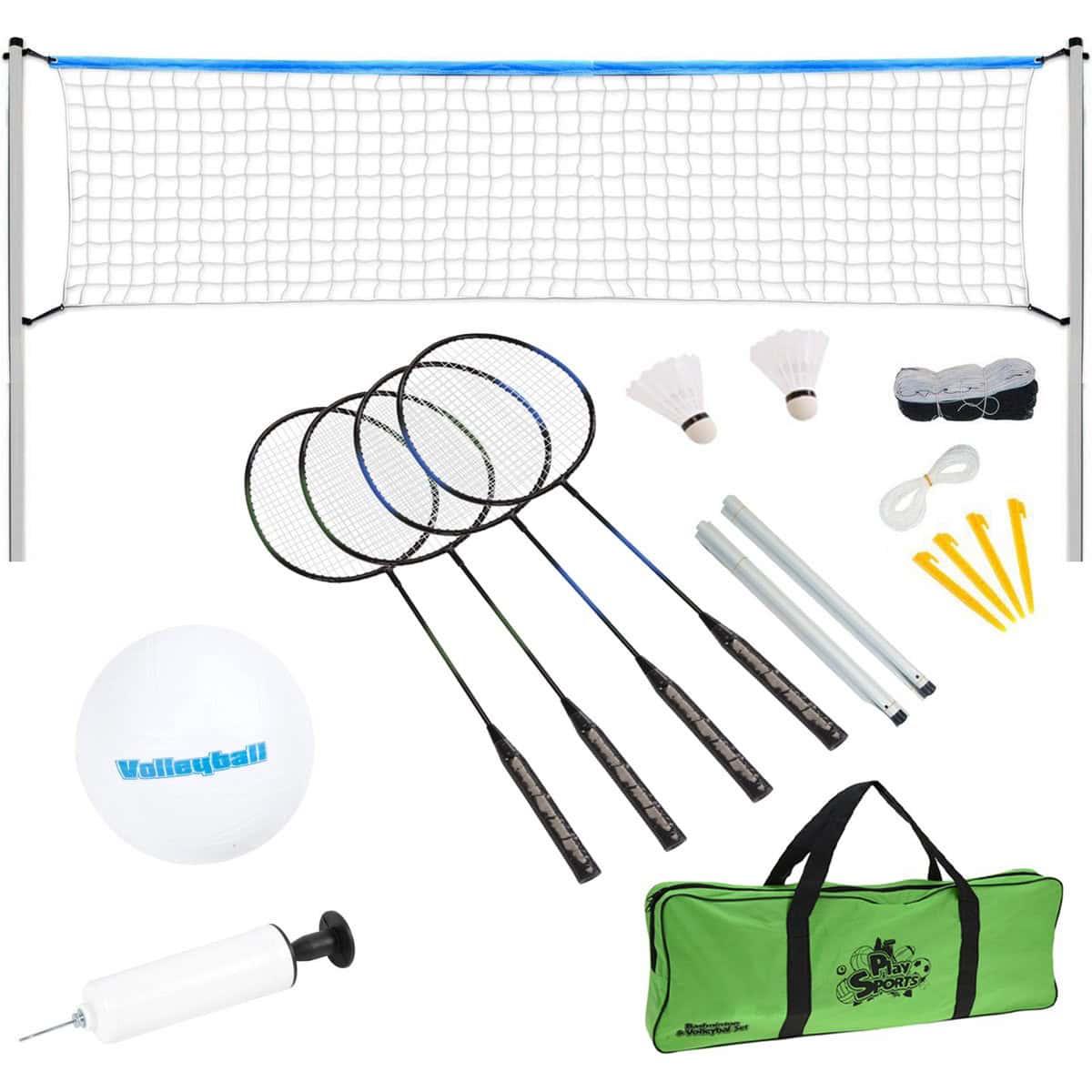 XQMax Volleybal- en Badmintonset - met Verstelbaar Net, 4 Rackets, 2 Shuttles, Bal en Ballenpomp - Draagtas - 600 x 168 cm - wit - zwart - blauw
