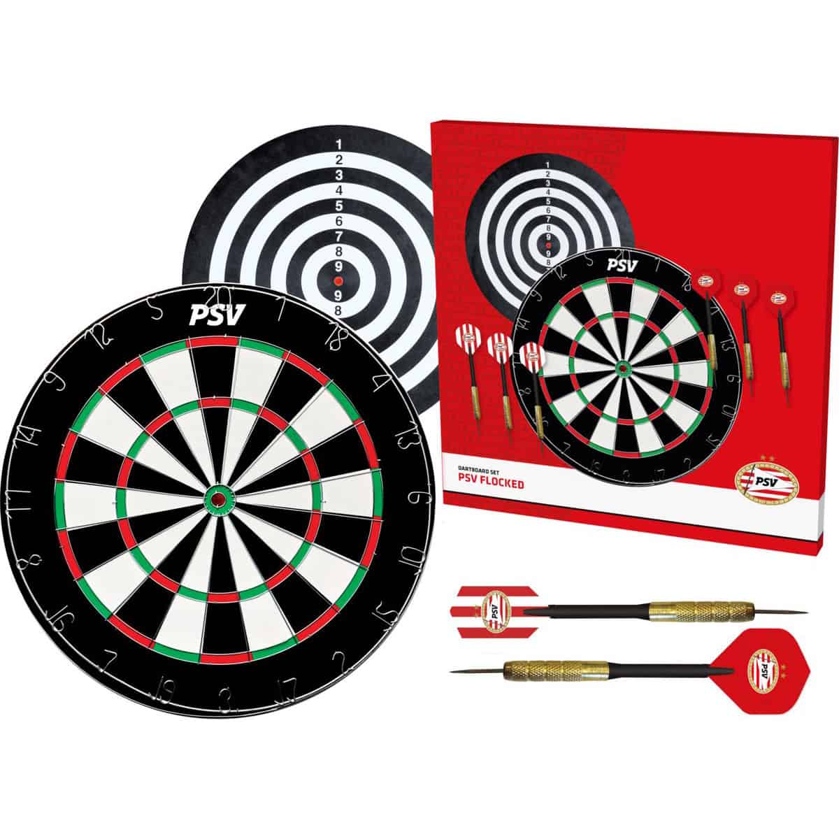 PSV Flocked Dartbord - Dubbelzijdig - Dartbord met 6 dartpijlen - Dart Flights - Dart Shafts - Darts - Feyenoord