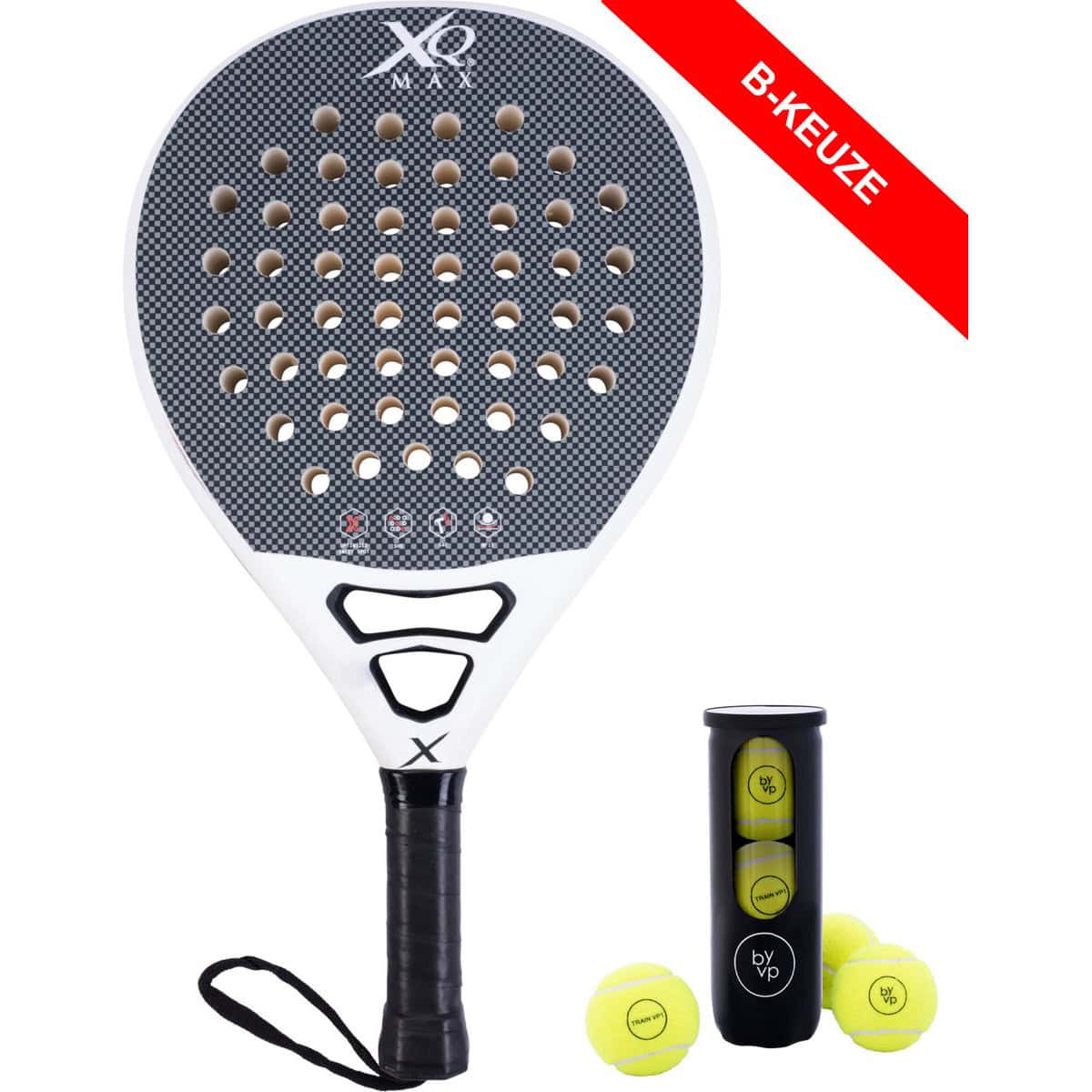 XQMax Padel Racket Carbon Wit (B-Keuze) - met 3 Padel Ballen - Lichtgewicht Padelracket - Ronde vorm - Sweetspot - Wit | B-Keuze