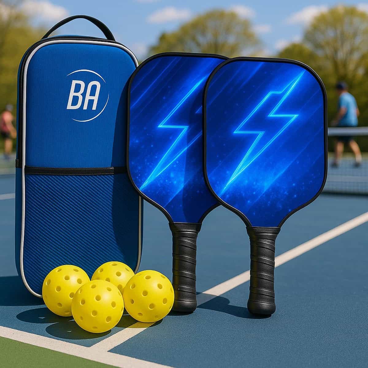 Pickleball Set - 2 Rackets & 4 Ballen - Carbon Fiberglass - Lightning Blauw