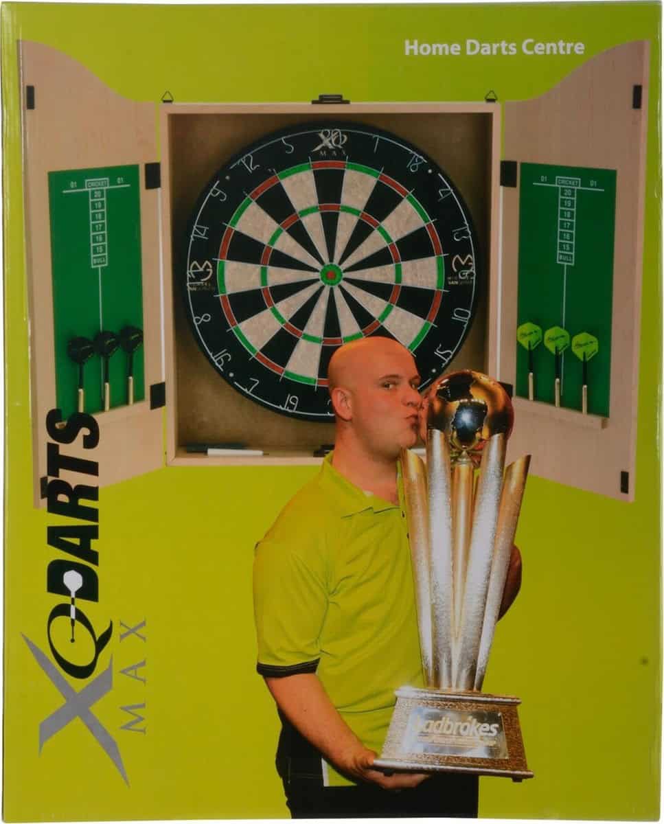 XQMax Michael van Gerwen Dartkabinet - Lichthout - Inclusief Dartbord + 6 Dartpijlen - bruin