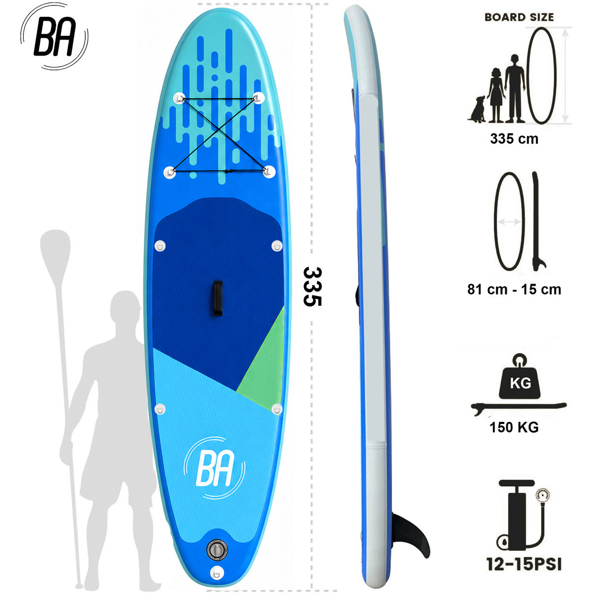 Best Active Horizon SUP Board - Opblaasbaar Paddle Board - 335x81x15 cm - Blauw/Groen - SUP Boards