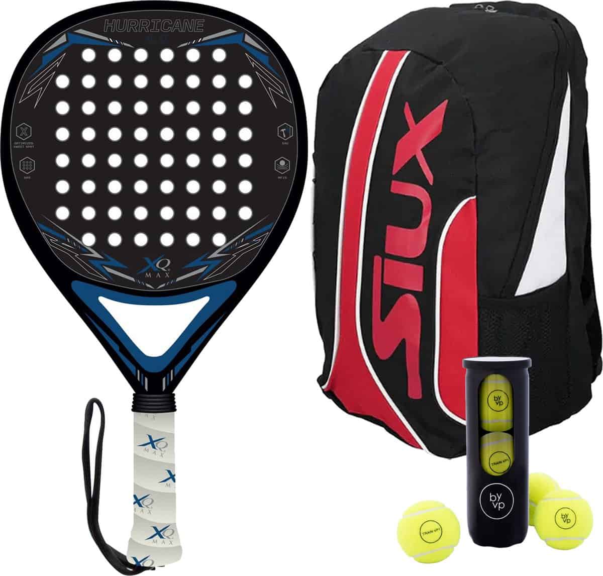 XQMax Padel Racket Hurricane - met Padel Tas en 3 Padel Ballen - Lichtgewicht Padelracket - Druppelvorm - Sweetspot - Geschikt - Blauw