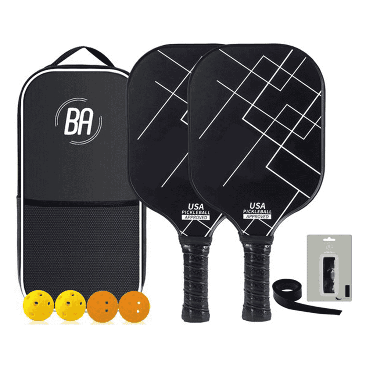 Pickleball Set - 2 Rackets & 4 Ballen - Carbon Fiberglass - Black Out - Zwart