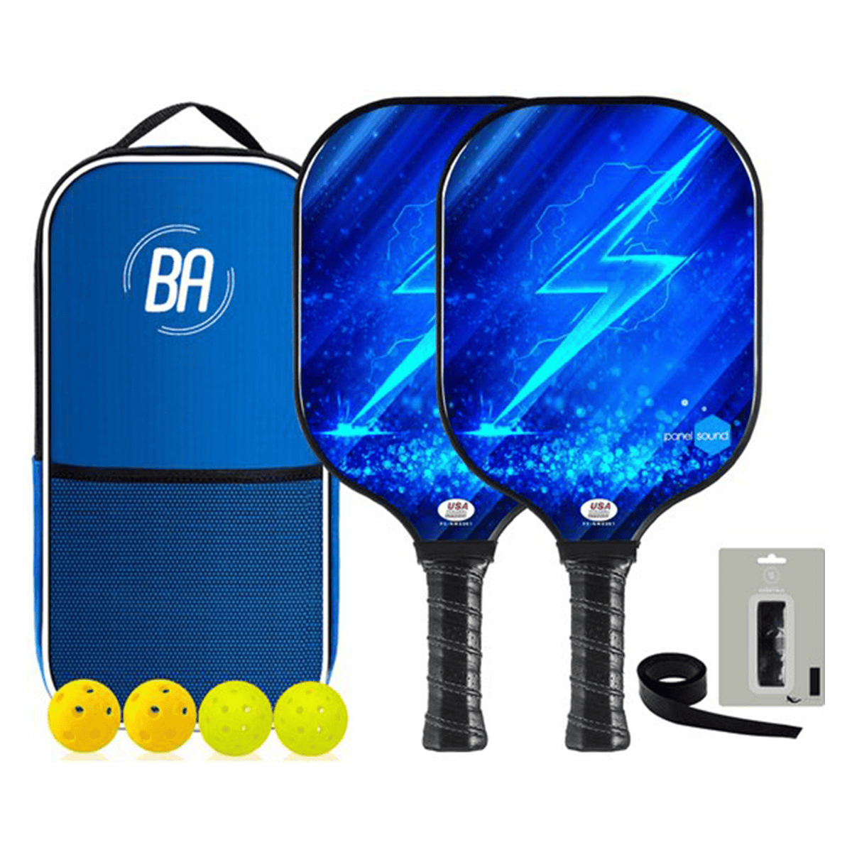 Pickleball Set - 2 Rackets & 4 Ballen - Carbon Fiberglass - Lightning Blauw