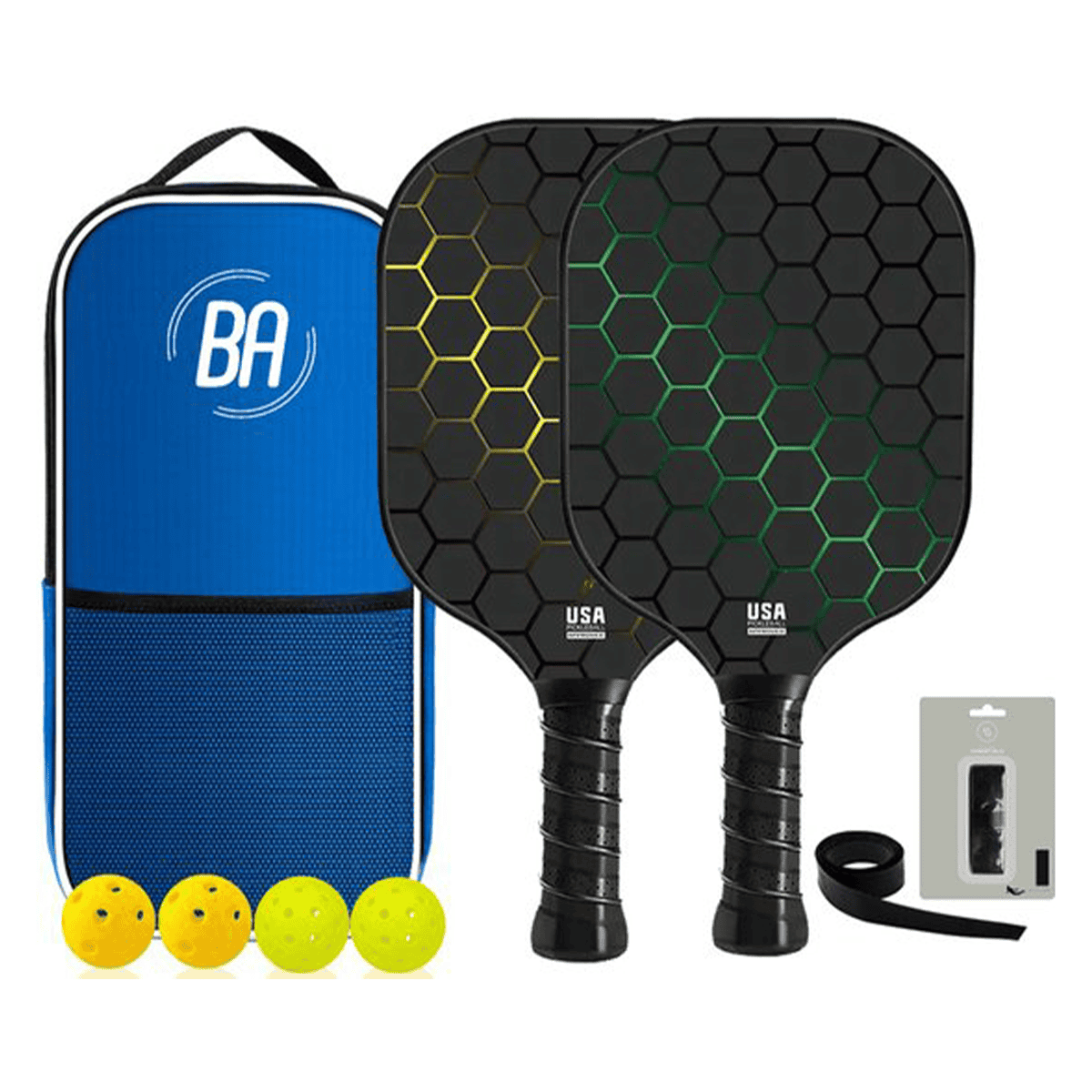 Pickleball Set - 2 Rackets & 4 Ballen - Carbon Fiberglass - Geel/Groen