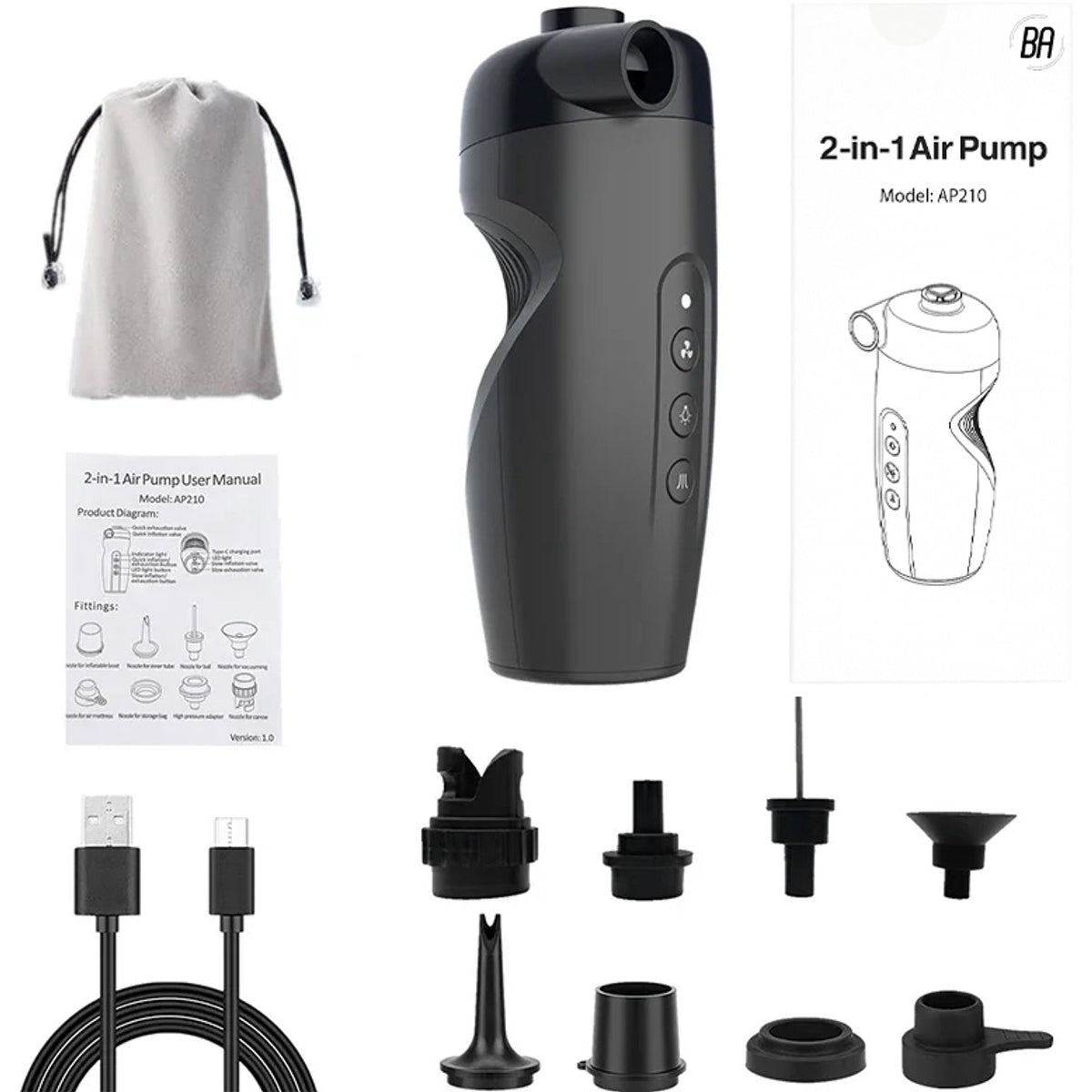 Best Active Draagbare Elektrische SUP Pomp - Draadloos & Automatisch - Opblazen & Leeglopen - Met 6 Ventieladapters