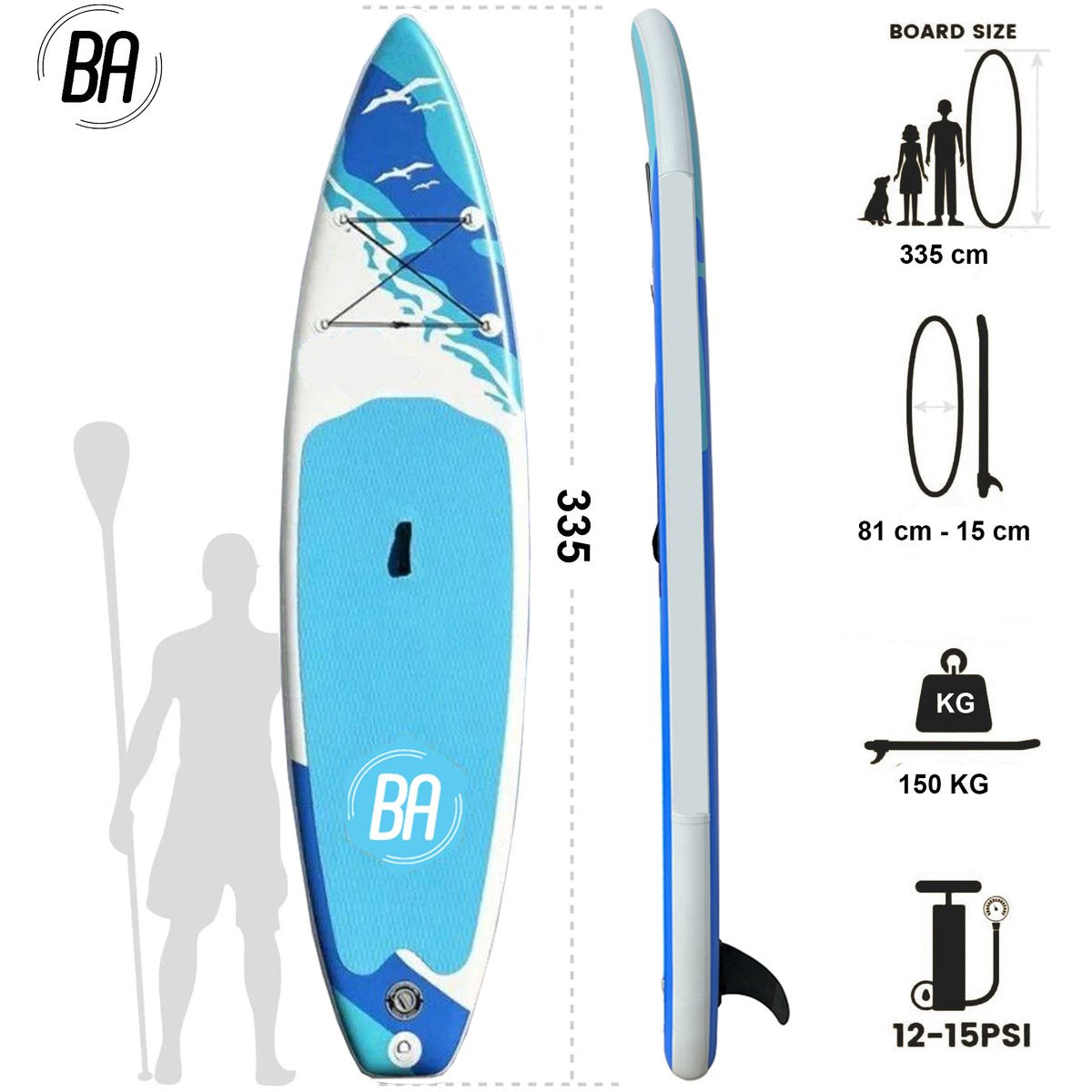 Best Active SUP Board Premium XXL - Opblaasbaar Paddle Board - 335x81x15 cm - Aqua/Blauw - SUP Boards