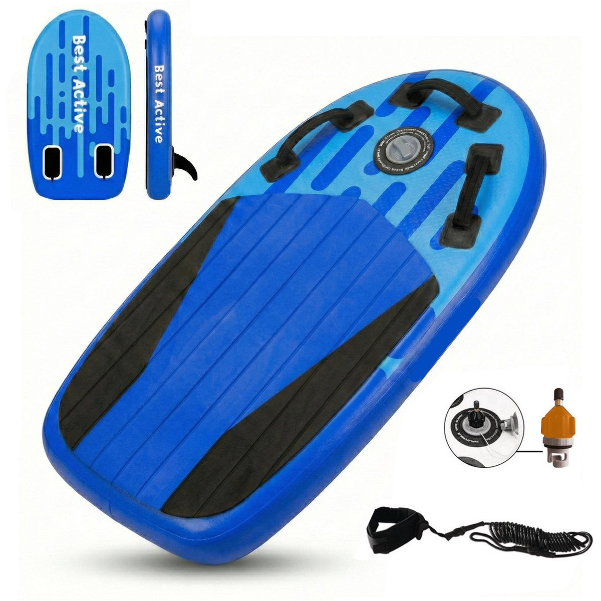 Best Active WaveRush Bodyboard - Opblaasbaar Bodyboard - Complete Set - 100x60x10 cm - Voor Kids & Volwassenen - Met Enkelkoord & Ventiel - Blauw