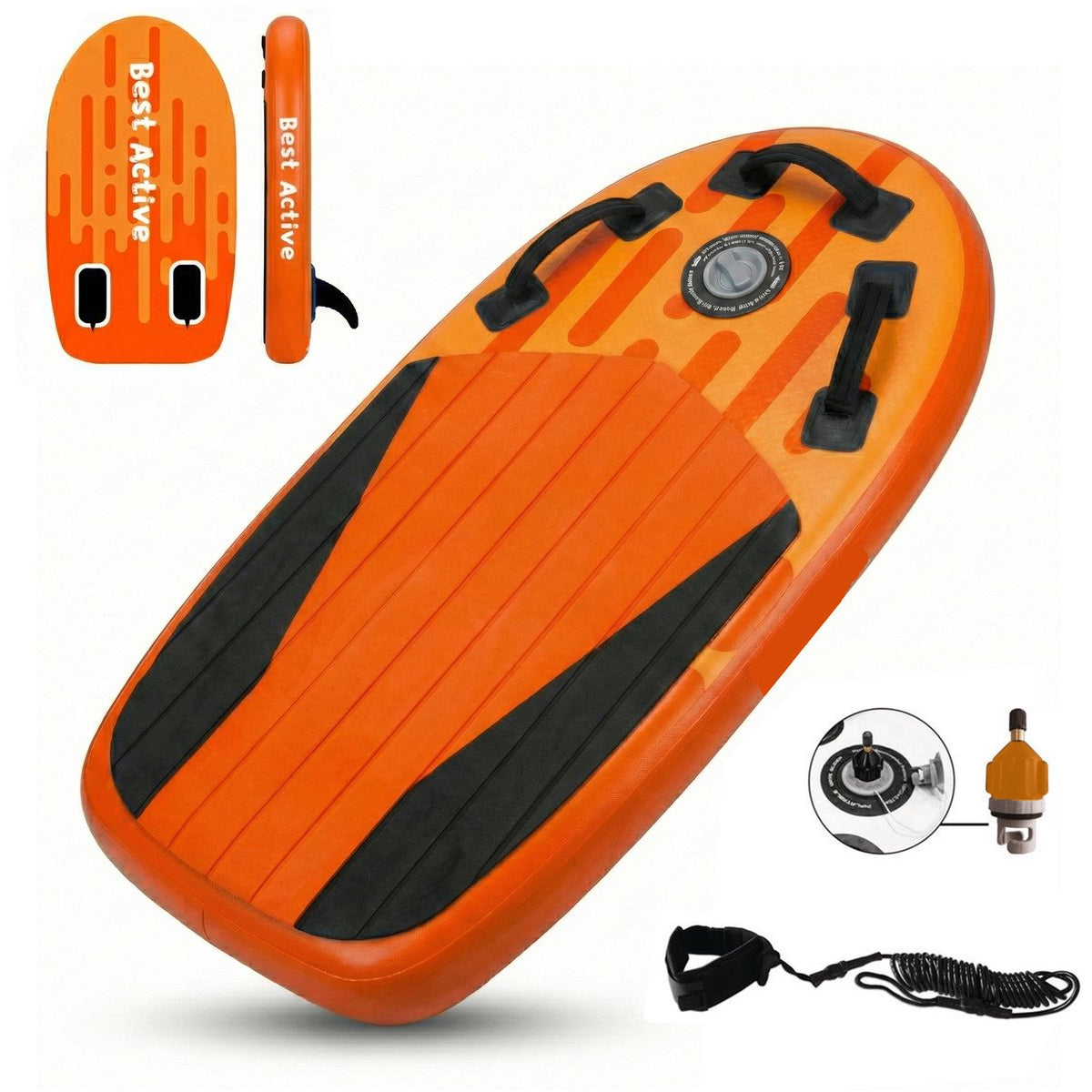Best Active WaveRush Bodyboard - Opblaasbaar Bodyboard - Complete Set - 100x60x10 cm - Voor Kids & Volwassenen - Met Enkelkoord & Ventiel - Oranje